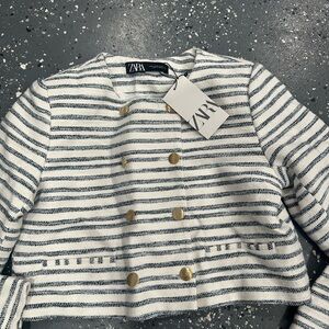 ZARA Navy and White Striped Double-Breasted Cropped Jacket